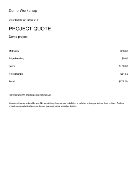 Sample materials and customer quote